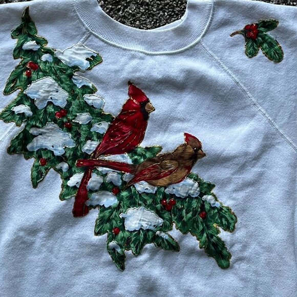 Vintage Hanes Sweater Womens XL White w/Cardinal & Christmas Tree 80s Winter - Picture 2 of 8